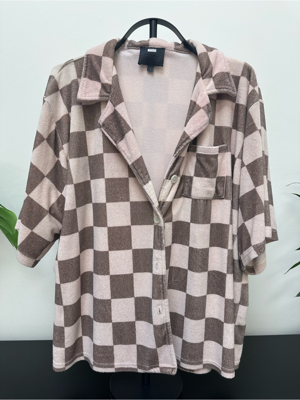 Checked Brown and Cream Swim Coverup Shirt